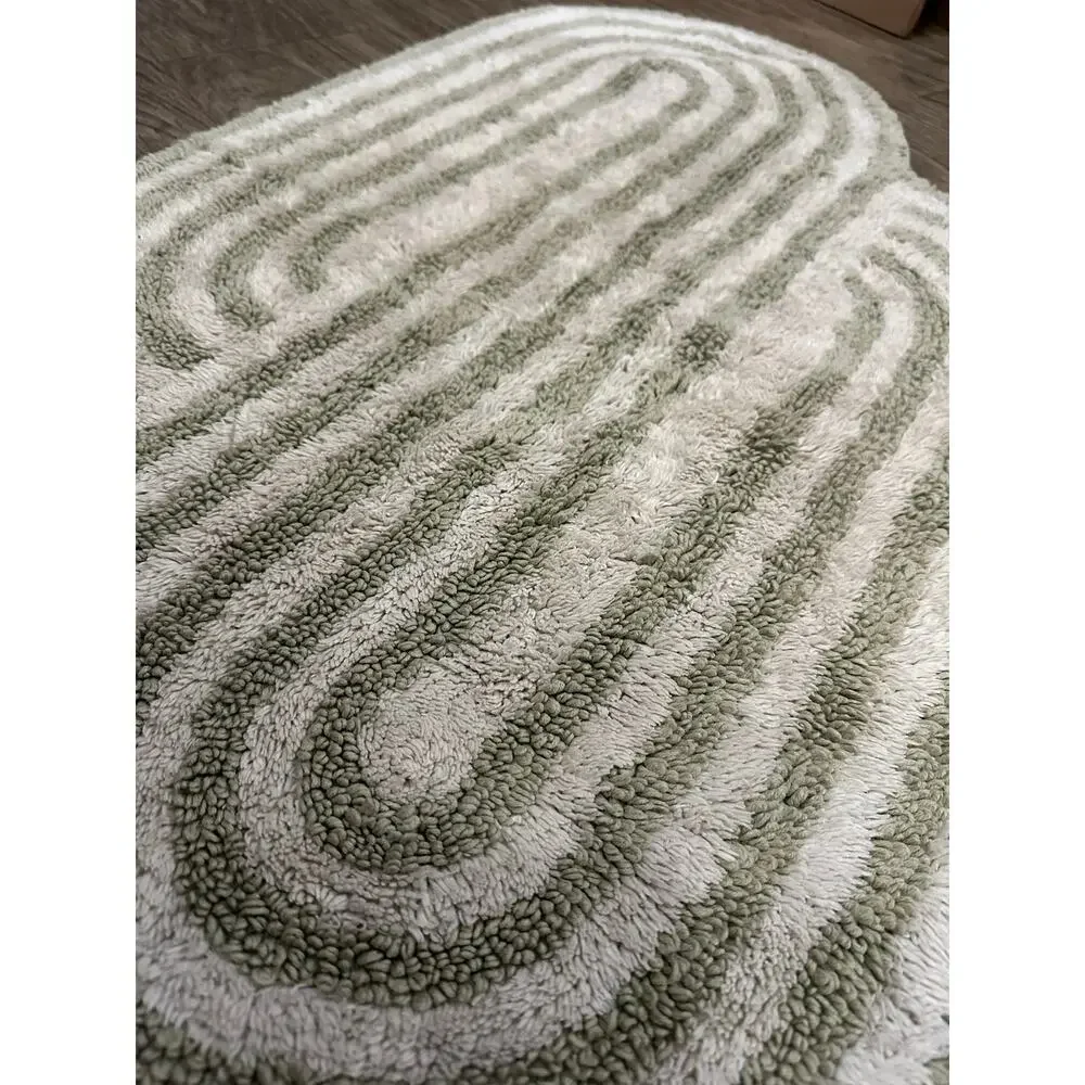 West Elm Swirl Runway Organic-Shape Bath Rug Sage Green 100% Cotton 23” x 37”